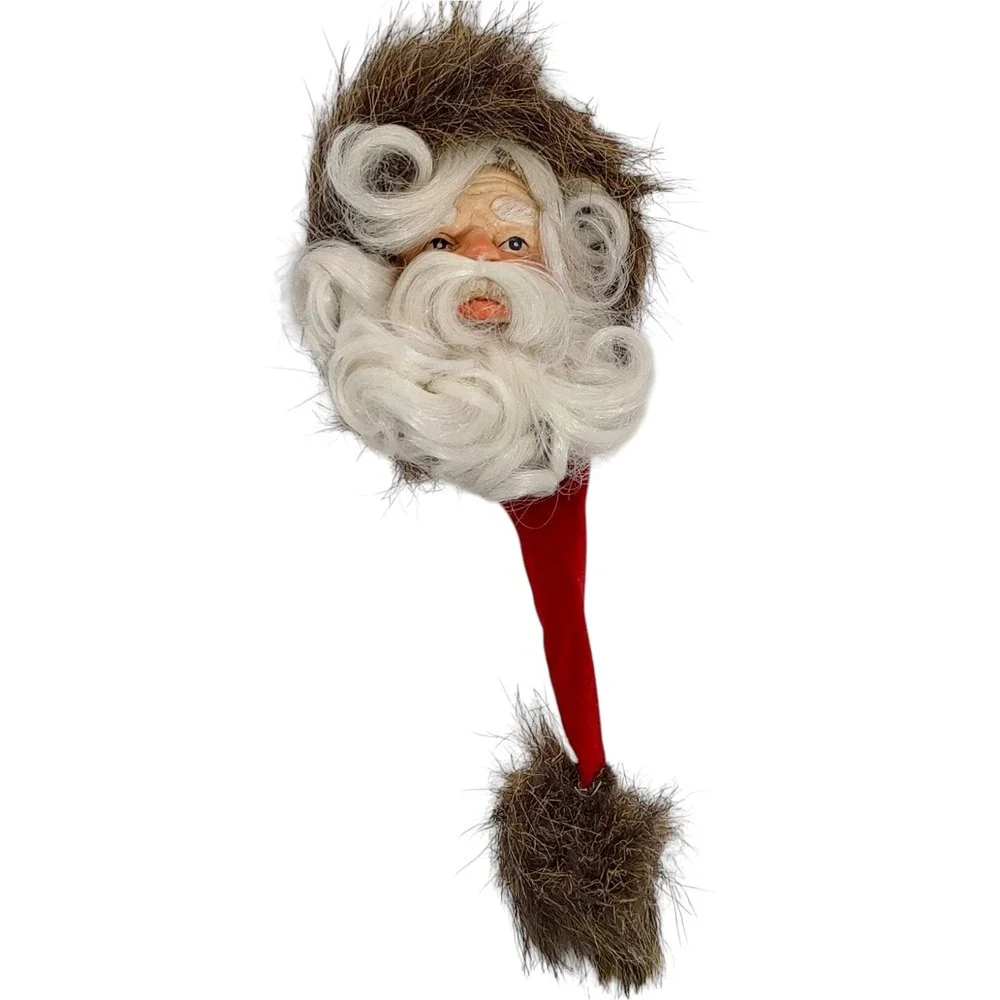 Vintage Santa Claus Head Ornament with Lush Beard Long Velvet Hat Faux Fur Hangs